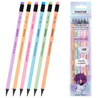 Набор карандашей чернографитных FUNSTER FUNNY NOTES PSTL, 6 штук, HB, с ластиком