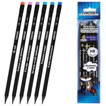 Набор карандашей чернографитных FUNSTER FUNNY NOTES BLK, 6 штук, HB, с ластиком