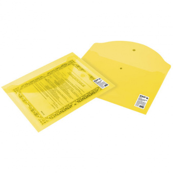 Папка-конверт с кнопкой STAFF, А4, до 100 листов, прозрачная, желтая, 0,12 мм