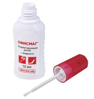 Ручка-корректор + корректирующая жидкость ОФИСМАГ, 12 мл, 2 в 1: металлический наконечник + кисточка