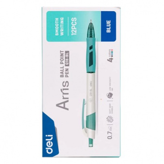 Ручка шариковая автоматическая Deli Arris, линия 0,7мм, грип, синяя, корпус ассорти